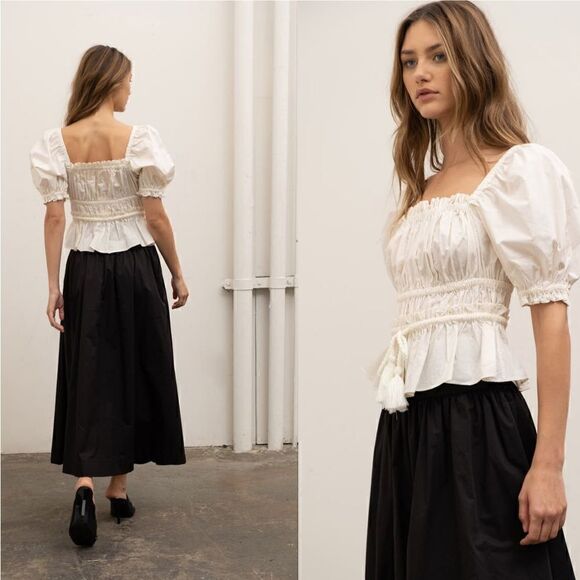 Moon River Tops - Moon River Tied Front Cotton Peplum Tops Cream Size XS